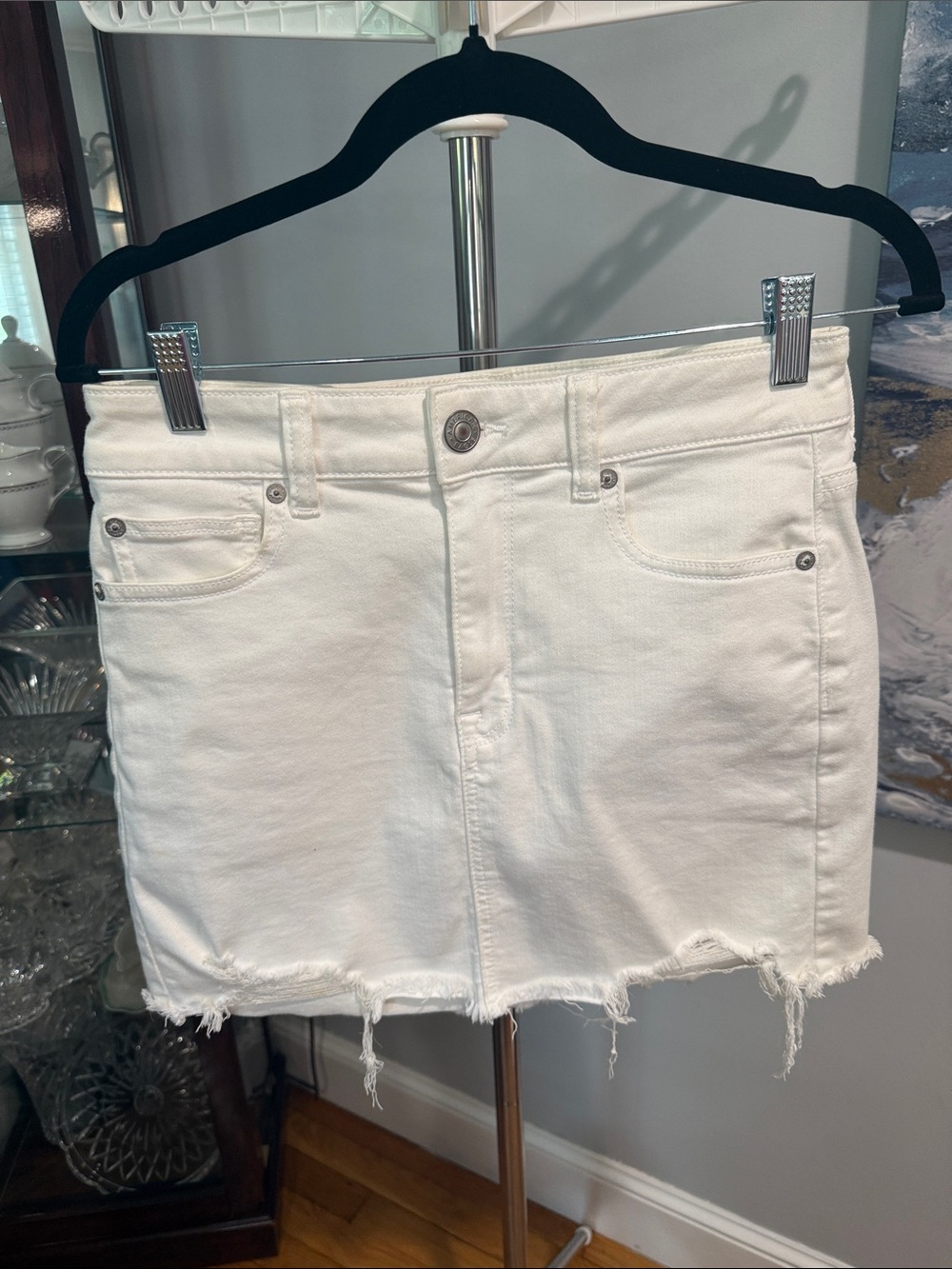 American Eagle Outfitters White Distressed Denim Mini Skirt